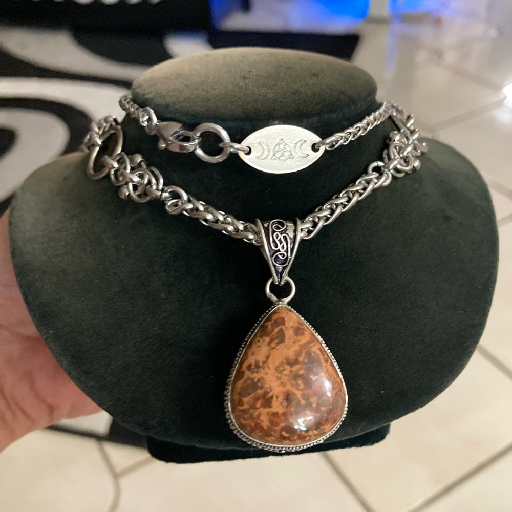 925 sterling silver overlay reddish brown jasper gemstone charm boho necklace